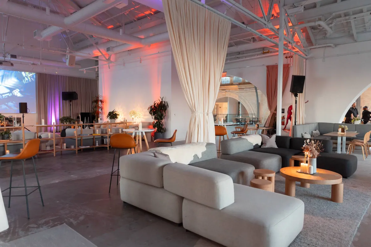 SHACK15's event space with modular seating and projection setup